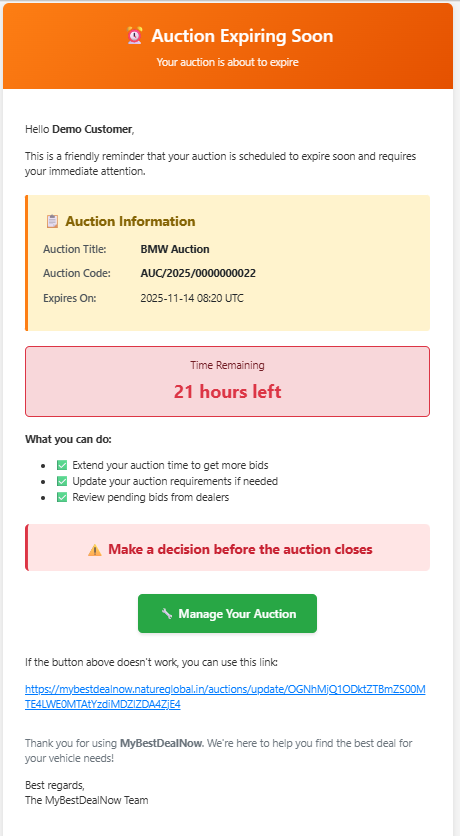 Auction One Day Reminder Email