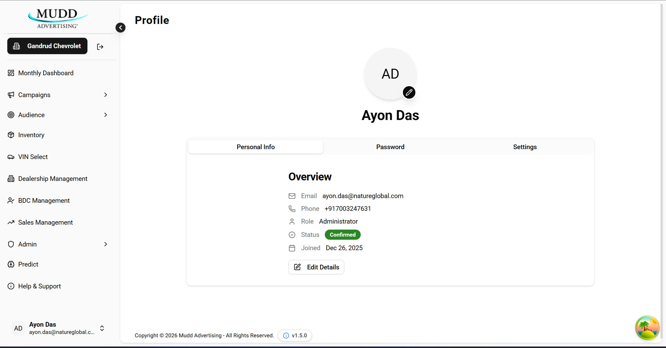 Profile page showing avatar with pencil edit icon