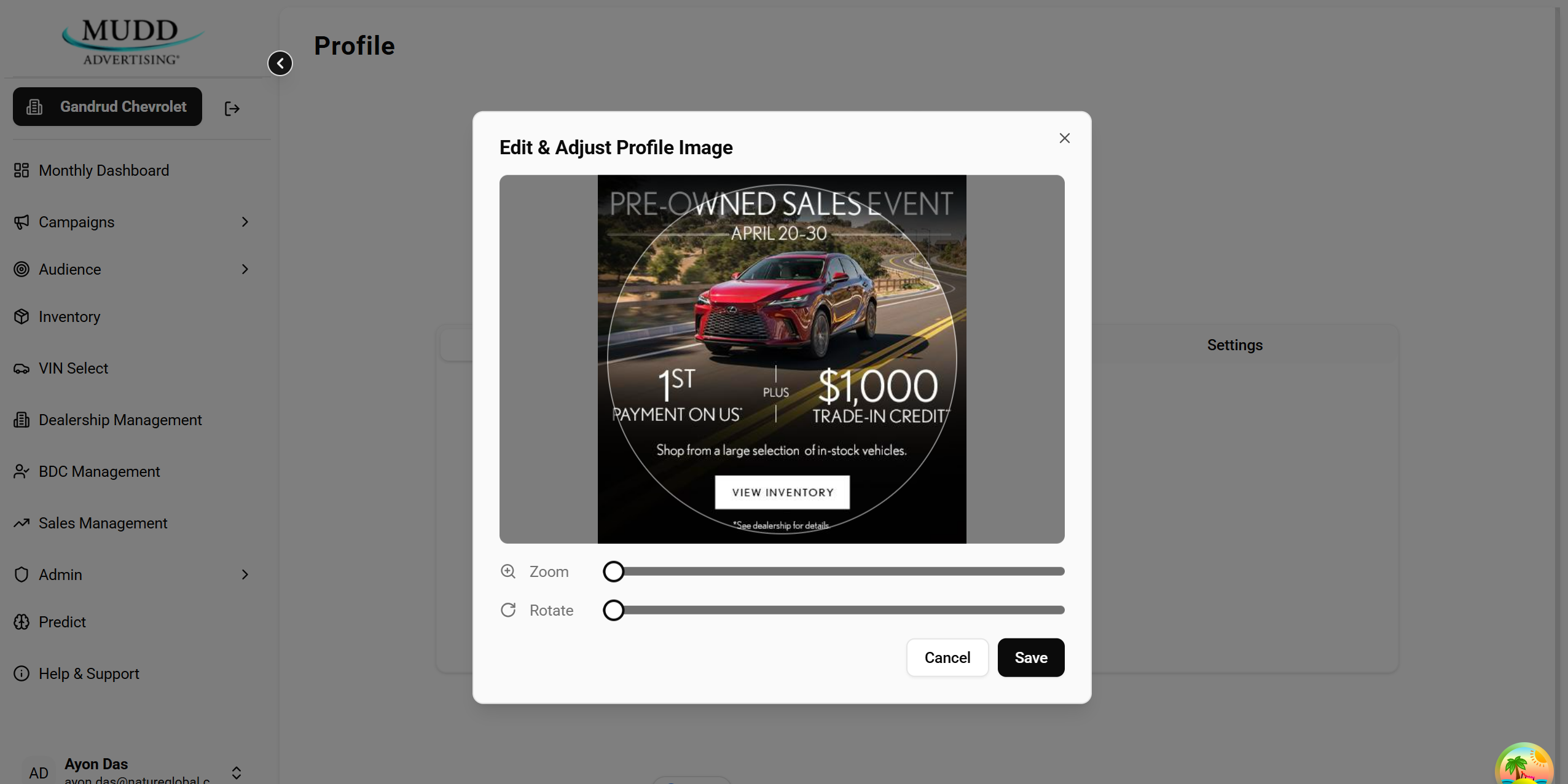 Edit and Adjust Profile Image modal with Zoom and Rotate sliders
